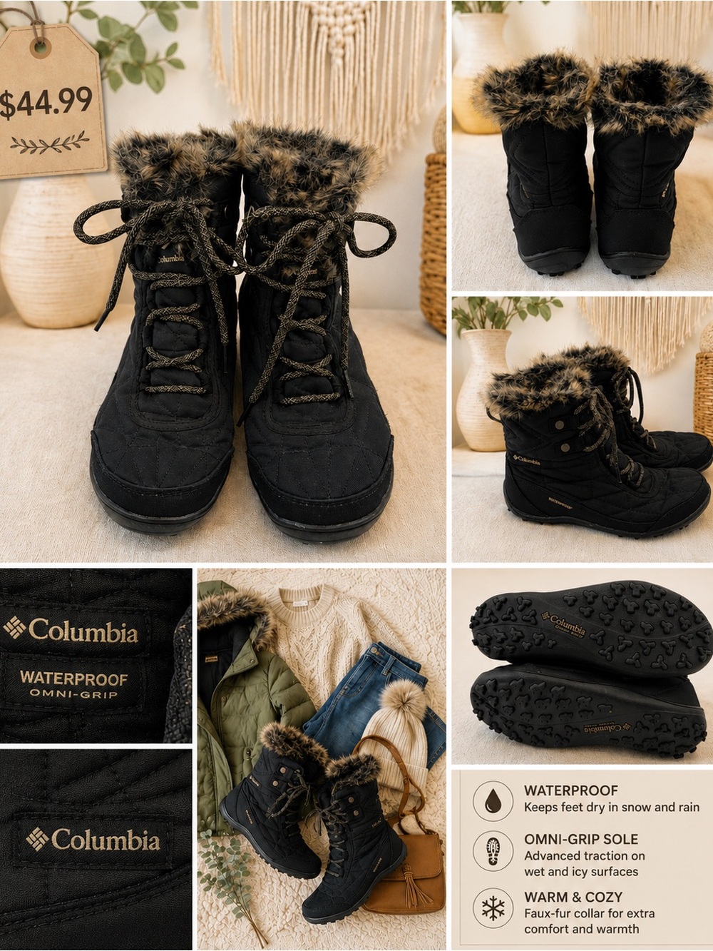 Columbia Women's Black Faux-Fur Waterproof Winter Boots Women’s Size 8
